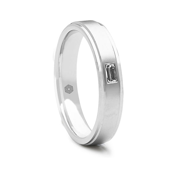 Mens Flat Court Wedding Ring With Highly Polished Edges and a Satin Finished Centre Set With One Baguette Cut Diamond