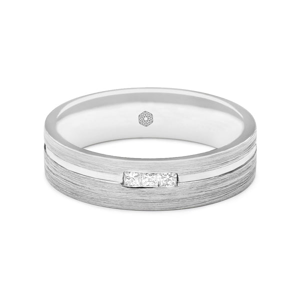 Horizontal shot of Mens Satin Finished Flat Court Wedding Ring With Offset Groove and Three Princess Cut Diamonds