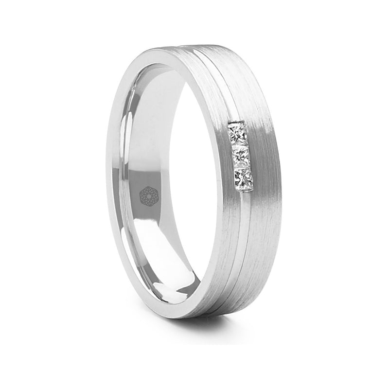 Mens Satin Finished Flat Court Wedding Ring With Offset Groove and Three Princess Cut Diamonds