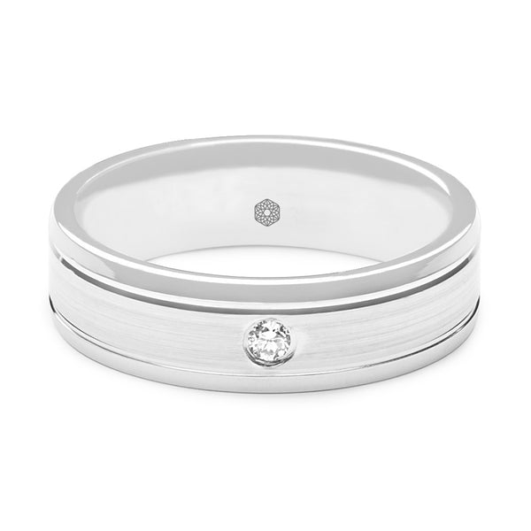 Horizontal shot of Gents Flat Court Wedding Ring With Highly Polished Bevelled Edges and Satin Finish Centre With a Single Round Brilliant Cut Diamond