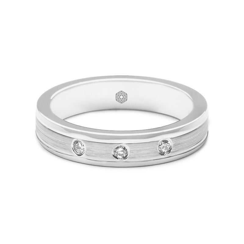 Horizontal shot of Matte Finish Mens Flat Court Wedding Ring With Polished Bevelled Edges and Three Round Brilliant Cut Diamonds