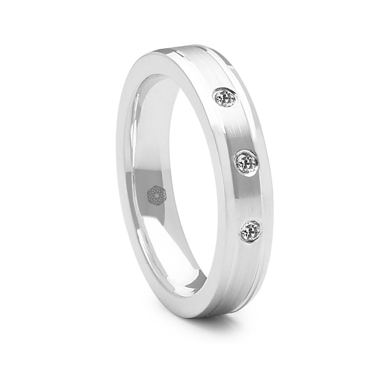 Matte Finish Mens Flat Court Wedding Ring With Polished Bevelled Edges and Three Round Brilliant Cut Diamonds