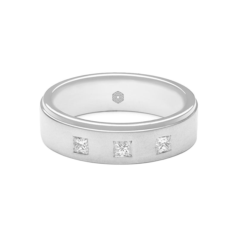 Horizontal shot of Satin Finished Mens Flat Court Wedding Ring Set with Three Princess Cut Diamonds and a Single Angled and Polished Edge