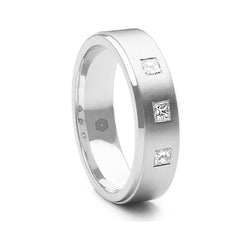 Satin Finished Mens Flat Court Wedding Ring Set with Three Princess Cut Diamonds and a Single Angled and Polished Edge