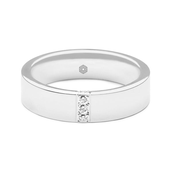 Horizontal shot of Highly Polished Mens Flat Court Wedding Ring With Vertical Channel and Five Diamonds