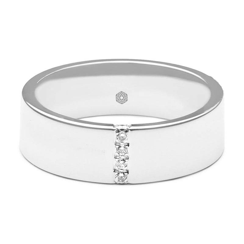 Horizontal shot of Highly Polished Mens Flat Court Wedding Ring With Vertical Channel and Six Diamonds