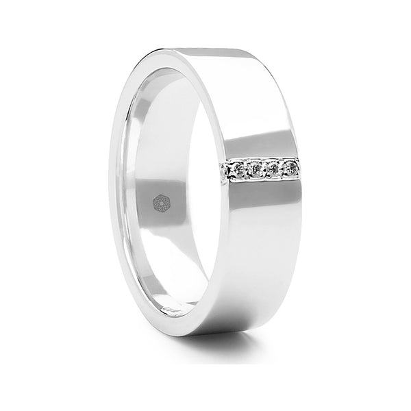 Highly Polished Mens Flat Court Wedding Ring With Vertical Channel and Six Diamonds