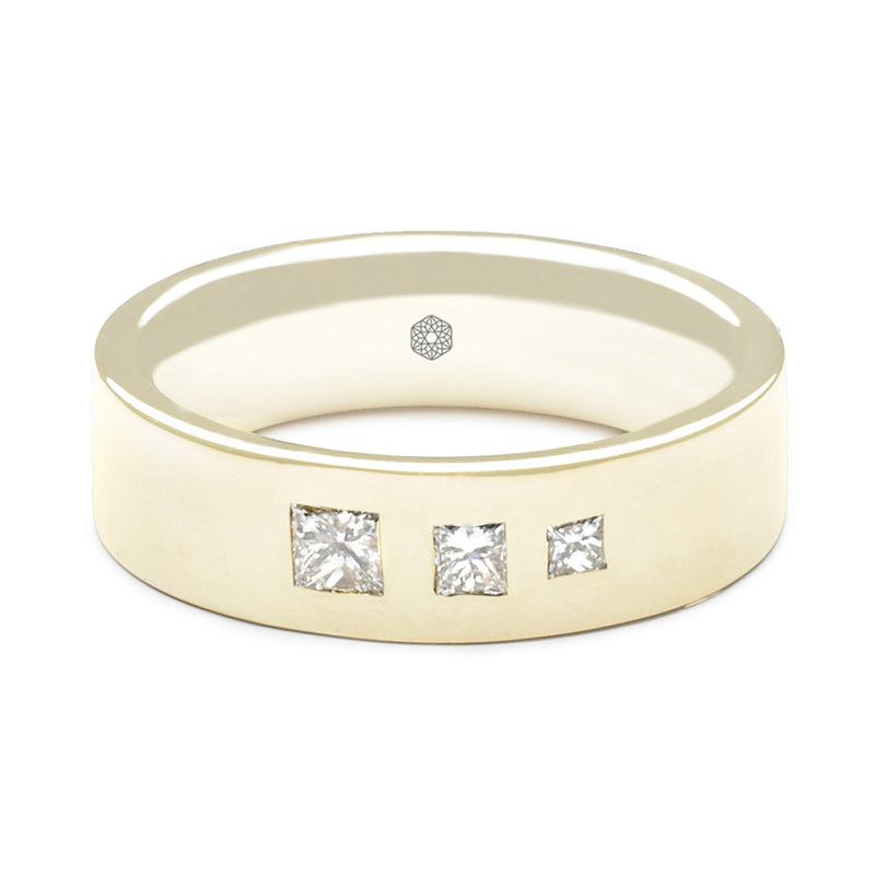 Horizontal shot of Highly Polished Mens Flat Court Wedding Ring With Three Princess Cut Diamonds