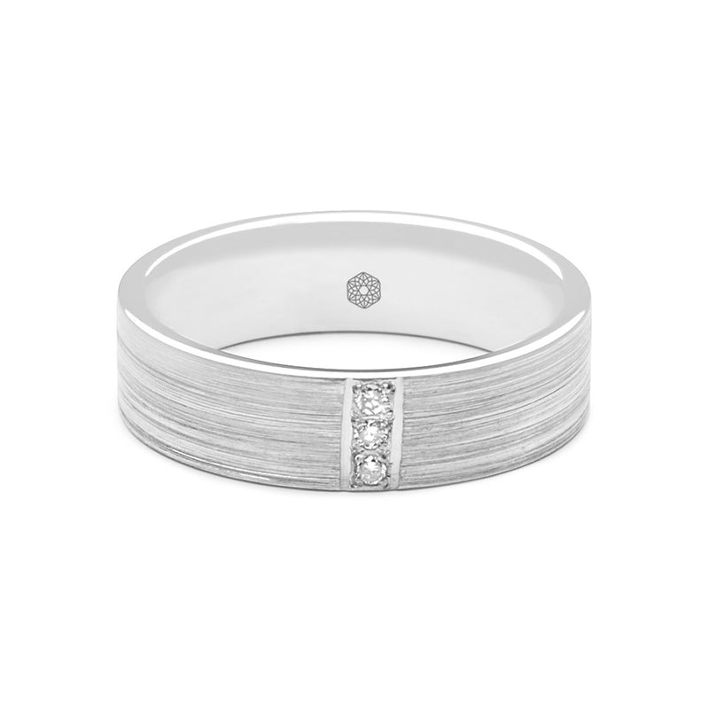 Horizontal shot of Gents Flat Court Wedding Ring With a Satin Finish and Three Diamonds