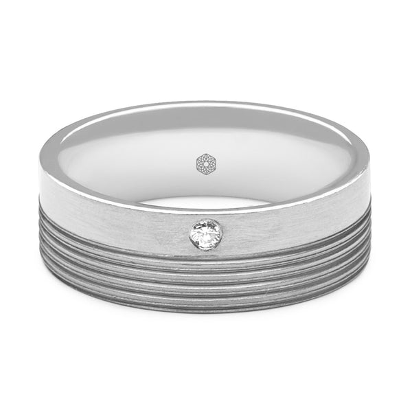 Horizontal shot of Mens Flat Court shape Wedding Ring With a Grooved Surface and Single Round Brilliant Cut Diamond