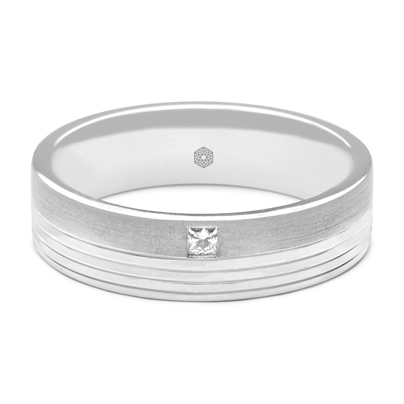 Horizontal shot of Mens Wedding Ring With a Grooved Patterned Surface and Single Princess Cut Diamond
