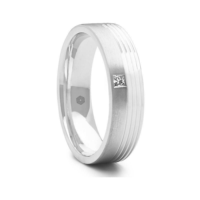 Mens Wedding Ring With a Grooved Patterned Surface and Single Princess Cut Diamond