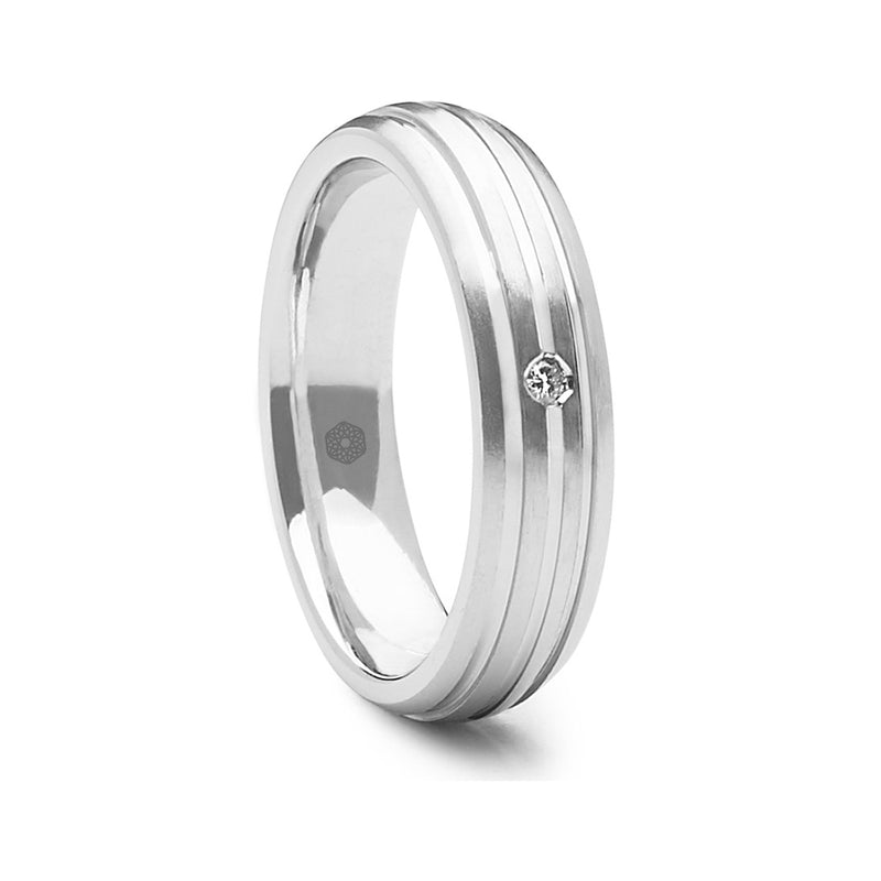 Mens Wedding Ring With Triple Line Pattern and Single Round Brilliant Cut Diamond