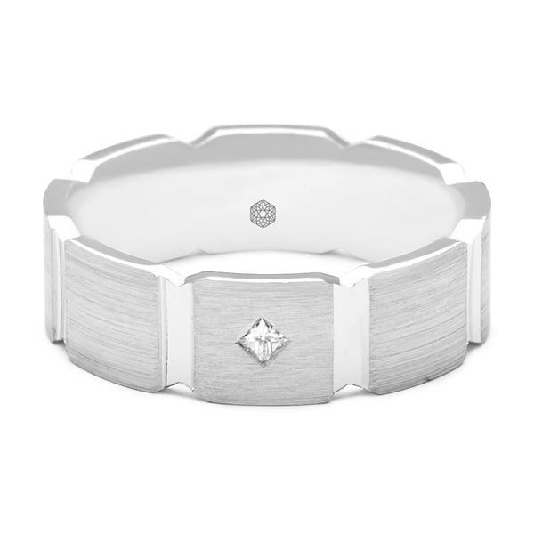Horizontal shot of Mens Flat Court Wedding Ring With a Brushed Finish, Wide Grooved Pattern and Single Princess Cut Diamond