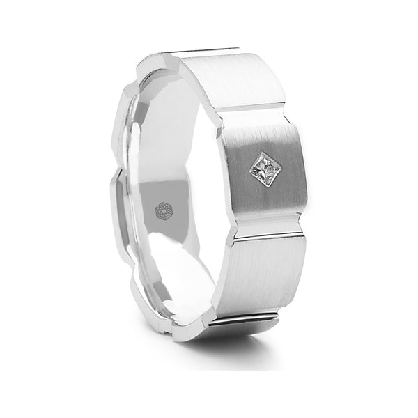 Mens Flat Court Wedding Ring With a Brushed Finish, Wide Grooved Pattern and Single Princess Cut Diamond