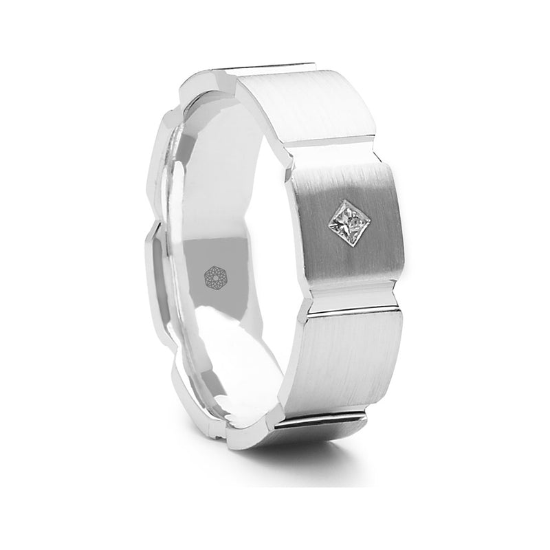 Mens Flat Court Wedding Ring With a Brushed Finish, Wide Grooved Pattern and Single Princess Cut Diamond
