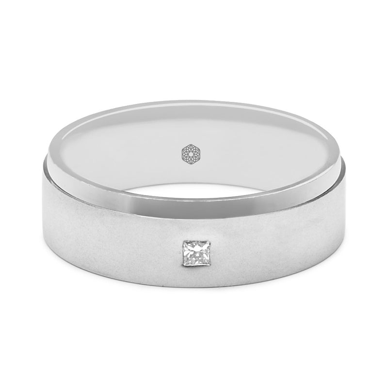 Horizontal shot of Matte Finished Mens Flat Court Wedding Ring with Single Angled Edge and One Princess Cut Diamond