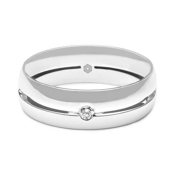 Horizontal shot of Mens Court Shape Wedding Ring With Central Cut Through area, Mirror Finish and a Single Tension Set Round Brilliant Cut Diamond