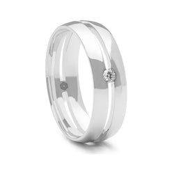 Mens Court Shape Wedding Ring With Central Cut Through area, Mirror Finish and a Single Tension Set Round Brilliant Cut Diamond
