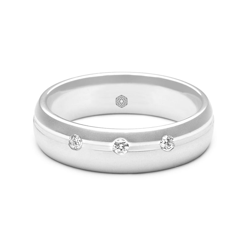 Horizontal shot of Mens Court Shape Wedding Ring With Offset Groove, Matte Finish and Three Round Brilliant Cut Diamonds