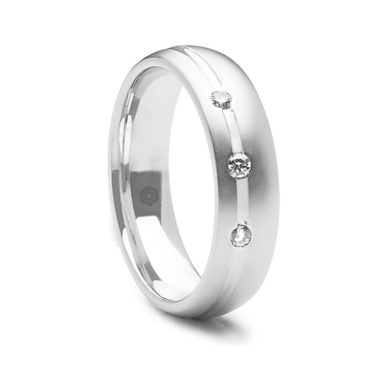 Mens Court Shape Wedding Ring With Offset Groove, Matte Finish and Three Round Brilliant Cut Diamonds