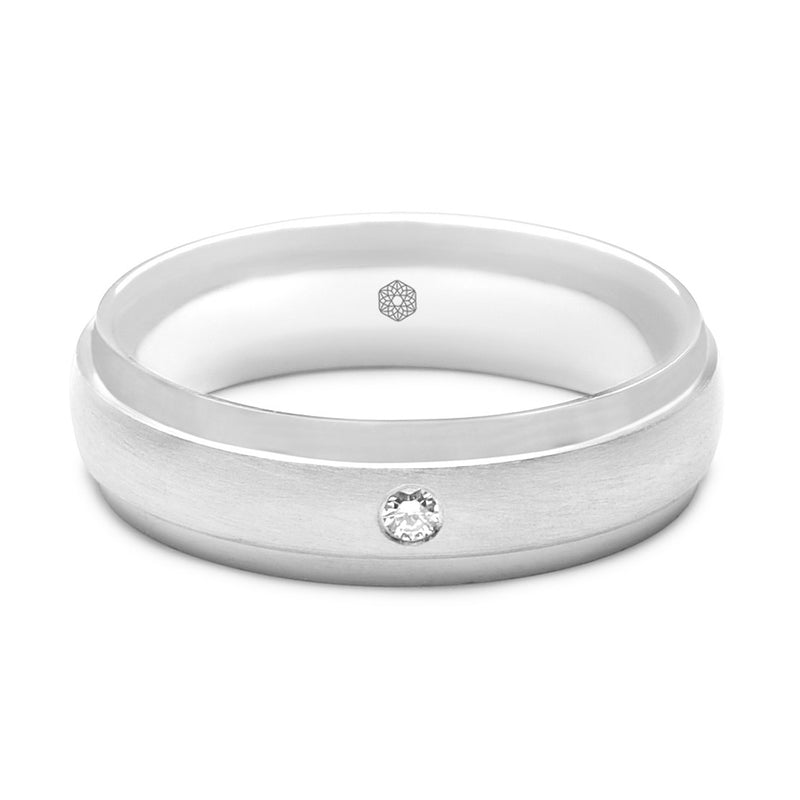 Horizontal shot of Court Shape Mens Wedding Ring With Matte Finish Centre, Highly Polished Bevelled Edges and a Single Round Brilliant Cut Diamond