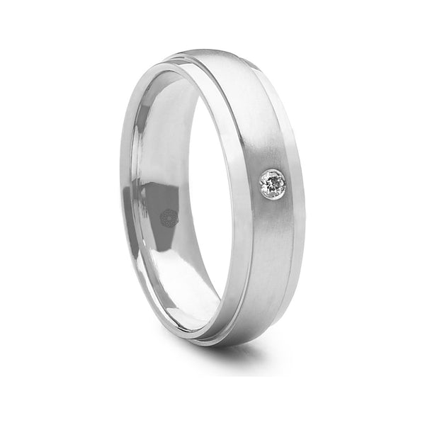 Court Shape Mens Wedding Ring With Matte Finish Centre, Highly Polished Bevelled Edges and a Single Round Brilliant Cut Diamond