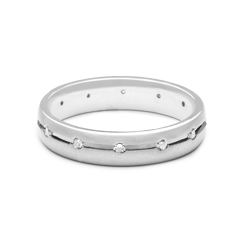 Horizontal shot of Satin Finish Mens Court Shape Wedding Ring With Offset Groove Set With 12 Diamonds