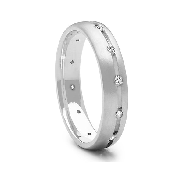 Satin Finish Mens Court Shape Wedding Ring With Offset Groove Set With 12 Diamonds