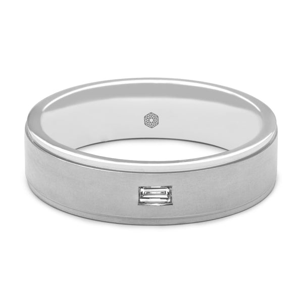 Horizontal shot of mens Flat Court Wedding Ring With Brushed Center and Polished Edges Set With a Single Baguette Cut Diamond