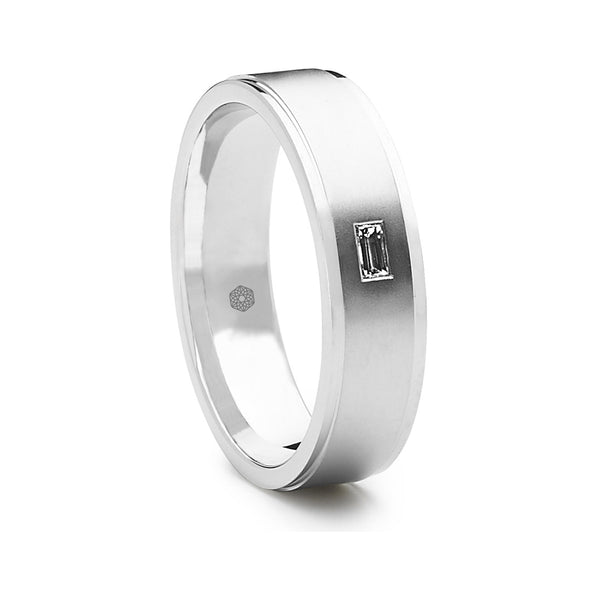 mens Flat Court Wedding Ring With Brushed Center and Polished Edges Set With a Single Baguette Cut Diamond