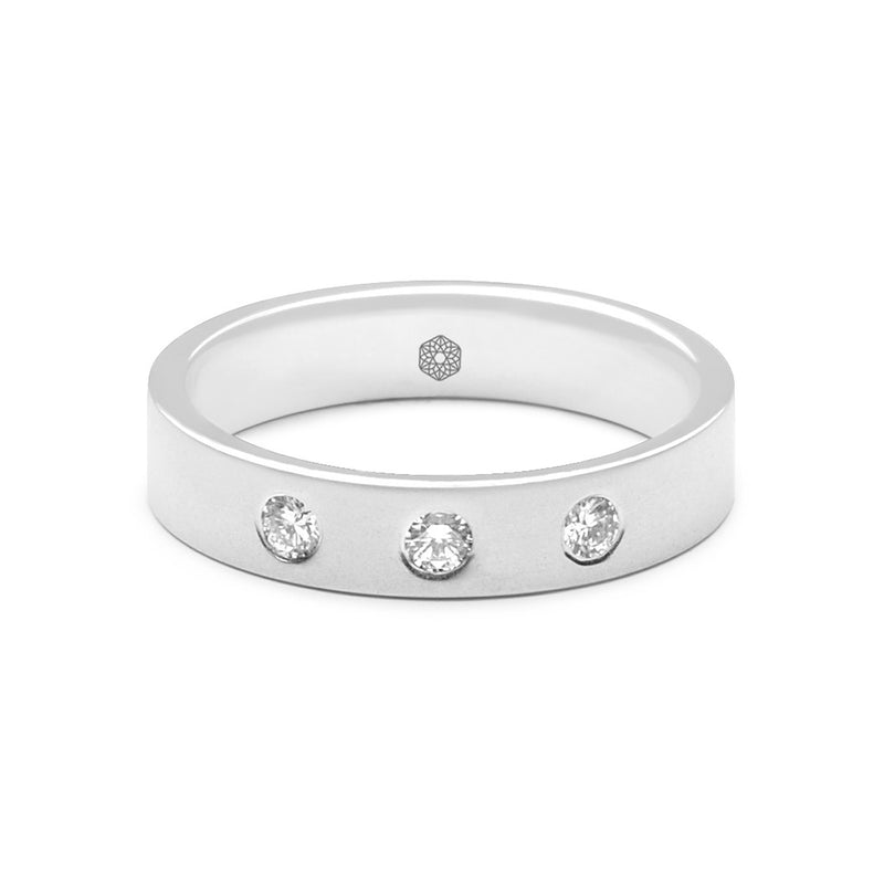 Horizontal shot of Mens Flat Court Wedding Ring With a Satin Finish and Three Round Brilliant Cut Diamonds