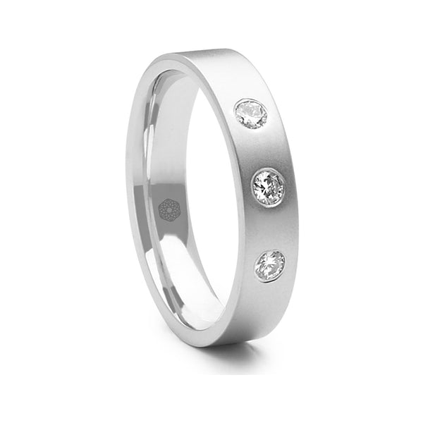 Mens Flat Court Wedding Ring With a Satin Finish and Three Round Brilliant Cut Diamonds