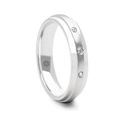 Mens Court Shape Wedding Ring With a Satin Finished Centre, Polished Bevelled Edges and Three Round Brilliant Cut Diamonds