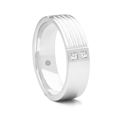 Mens Flat Court Wedding Ring With Matte Finish Groove Pattern and Two Princess Cut Diamonds