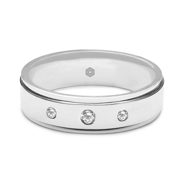 Horizontal shot of Mens High Shine Flat Court Wedding Ring With Three Round Brilliant Diamonds and Tapered Edges