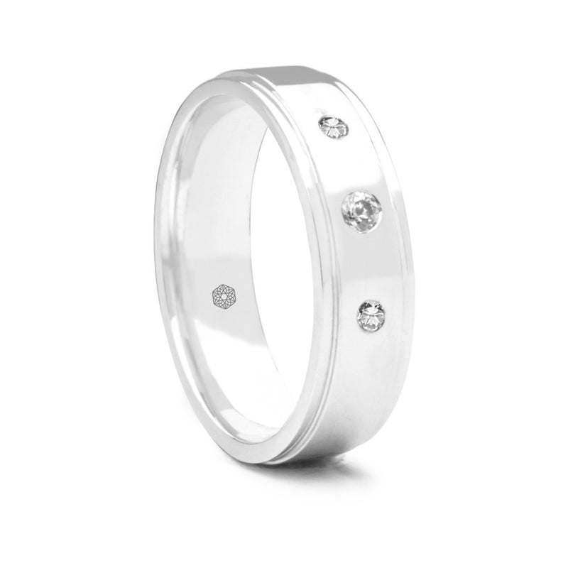 Mens High Shine Flat Court Wedding Ring With Three Round Brilliant Diamonds and Tapered Edges