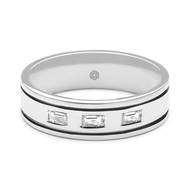 Horizontal shot of Mens Highly Polished Flat Court Wedding Ring With Three Baguette Cut Diamonds