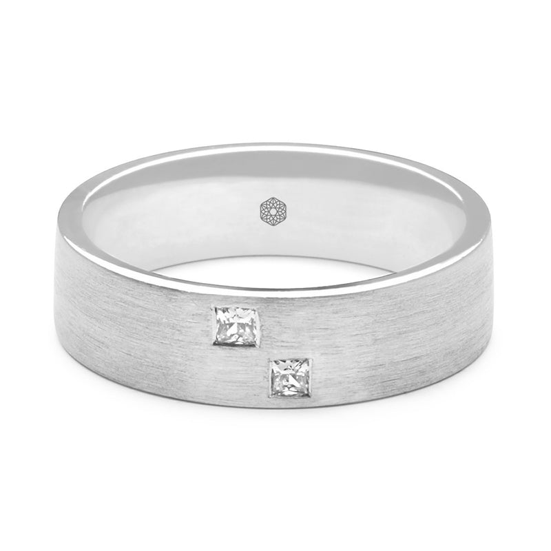 Horizontal shot of Matte Finished Mens Flat Court Wedding Ring With Two Princess Cut Diamonds