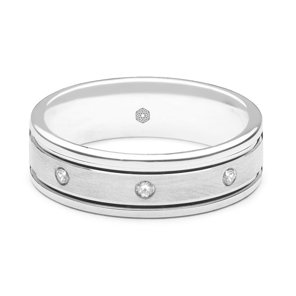 Horizontal shot of Mens Flat Court Wedding Ring With a Matte Finished centre, Polished Edges and Eight Round Brilliant Cut Diamonds