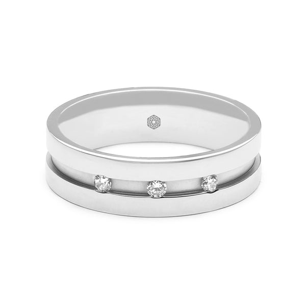 Horizontal shot of Gents Flat Court Wedding Ring With Polished Edges, Flat Central Groove and Three Round Brilliant Cut Diamonds