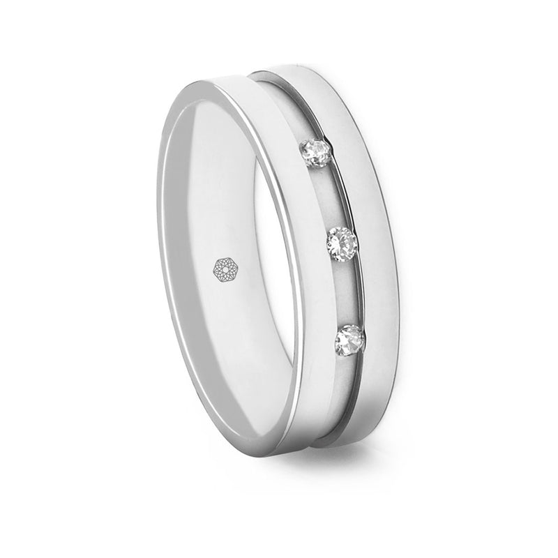 Gents Flat Court Wedding Ring With Polished Edges, Flat Central Groove and Three Round Brilliant Cut Diamonds