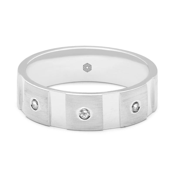 Horizontal shot of Mens Flat Court Wedding Ring With Satin Finish, Block Pattern and Three Round Brilliant Cut Diamonds