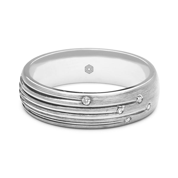 Horizontal shot of Gents Court Shape Wedding Ring With a Matte Finish and Five Round Brilliant Cut Diamonds