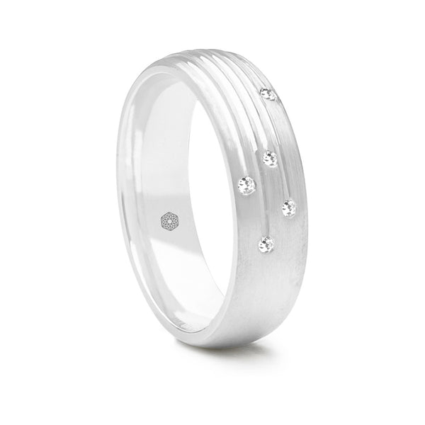 Gents Court Shape Wedding Ring With a Matte Finish and Five Round Brilliant Cut Diamonds