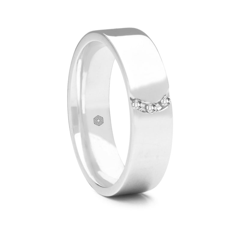 Mens Highly Polished Court Shape Wedding Ring With Crescent Groove and Three Round Brilliant Cut Diamonds