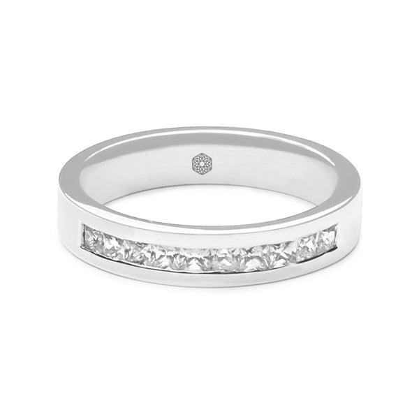 Horizontal shot of Mens High Shine Flat Court Wedding Ring With Ten Channel Set Princess Cut Diamonds