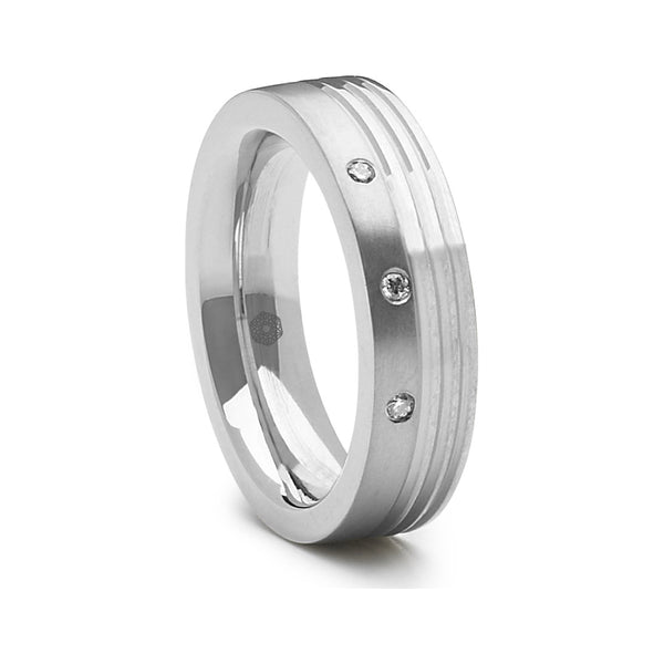 Mens Wedding Ring With a Matte Finish , Groove Pattern and Three Offset Round Brilliant Cut Diamonds