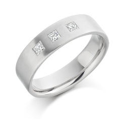 Mens Flat Court Wedding Ring With Three Princess Cut Diamonds and a Satin Finish