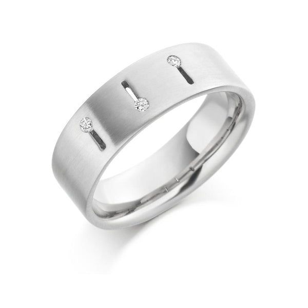 Mens Flat Court Wedding Ring With Cut Out Pattern and Three Round Brilliant Cut Diamonds